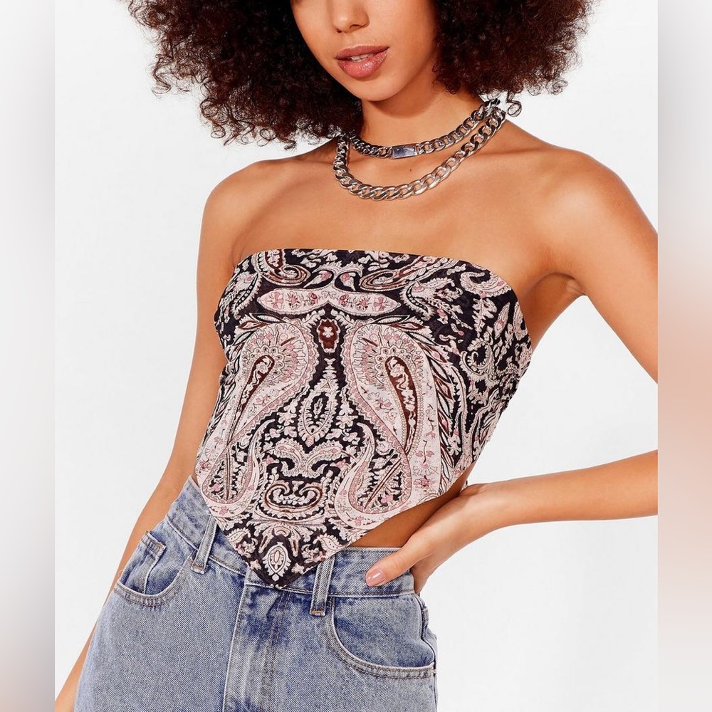 Nasty Gal Black & Pink Paisley Strapless Handkerchief Crop Top